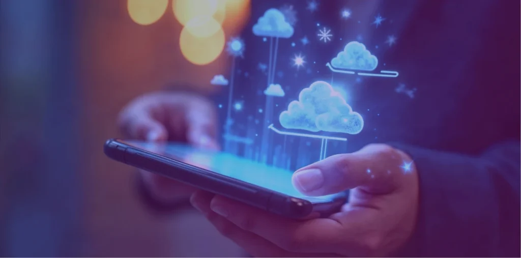 Person holding phone showing cloud holograms